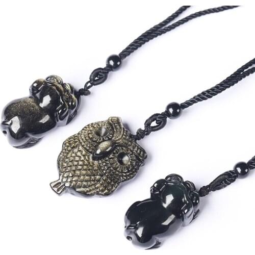 1PC Natural Stone, Gold Obsidian, Owl Necklace Pendant, PI Xiu Pendant, Lucky Amulet Pendant, Healing Quartz Jewelry