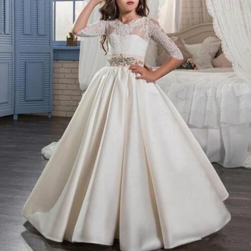 2021 Flower Girls Dress With Bow Elegant First Holy Communion Gowns Jewel Neck Lace Open Back Satin Pageant вечерние платья