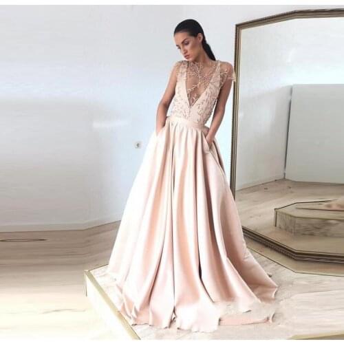 2020 Sheer O-neck Applique With Pearls Pockets Satin Short Sleeve Evening Dresses Long Women Formal Evening Gowns Prom Dress