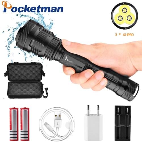 8000 lumens Led flashlight 3 * xhp50 most powerful flashlight usb Zoom led torch xhp50 18650 battery Best Camping, Outdoor