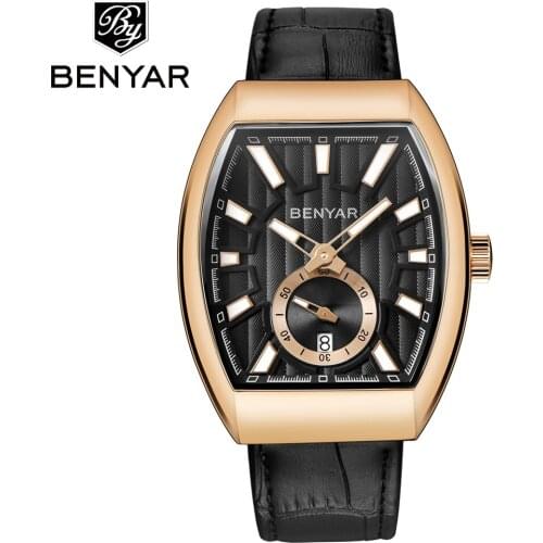 Benyar 2018 Luxury Brand Quartz Mens Watches Men Military Leather Barrel shape Sports Watch Date Waterproof Relogio Masculino