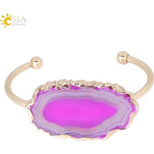CSJA Natural Stone Hand Jewellery Irregular Nature Agates Slice Half Open Bangles for Women Gold Color Charms Bracelet Gift F346