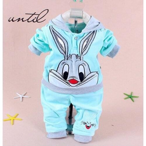 Childrens Cartoon Rabbit Cow 2Pcs Suit Long Sleeve Hooded Top + Trousers Spring Autumn Casual Warm Clothing Baby Girl Boy Set