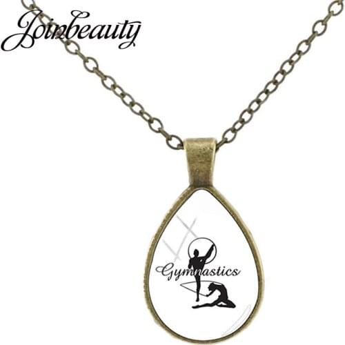 JOINBEAUTY Double Artistic Gymnastics Vintage Pendant Necklace Water Tear-Drop Glass Cabochon Dome Jewelry Sports Leisure GY188