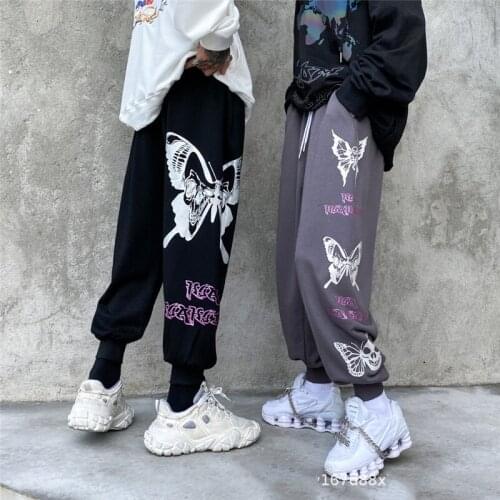 ERENEJIAN Mens Oversized Hip Hop Harem Joggers Butterfly Printed Sweatpants Loose Fit Sportswear Trousers Elastic Waist