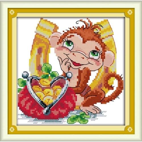 Joy Sunday Miser Monkey Cotton Thread Painting 11&14 CT Printed Not Printed Water Soluble Cloth For Cross Stitch Needlework Kits