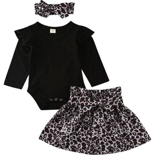3PCS Newborn Kids Baby Girl Long Sleeve Outfits Clothes Romper Bodysuit+Leopard Tutu A Line Skirt Headband Summer Set