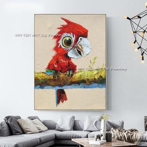 100% handmade colorful parrot vividly Red Bird Oil Painting Lovely Cardinal Bird with Green Plant For Kids Home Decoration