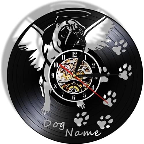 1Piece English Bulldog Pug Customize Dog Name Clock Lovely Puppy Pet Dog Wall Art Decorative Wall Clock Vinyl Record Wall Clocks