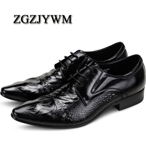 ZGZJYWM New Breathable Black/Brown/Red Loafers Dress Genuine Leather Crocodile Style Lace-Up Pointed Toe Wedding Business Shoes
