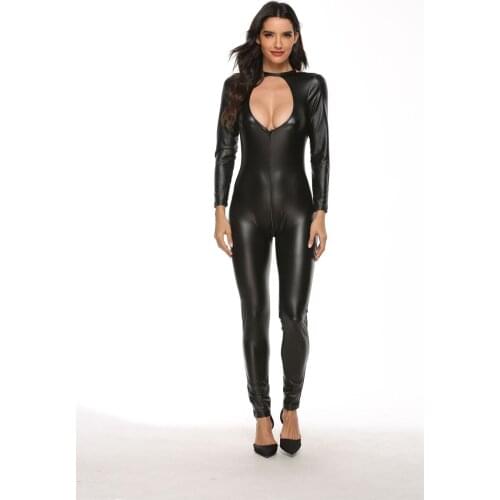 New Sexy Lingerie Female Faux Leather Catsuit PVC Latex Bodysuit Front Zipper Open Crotch Stretch jumpsuits
