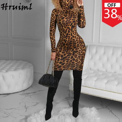 Autumn Womens Dress Leopard Print Turtleneck Long Sleeve Dress Women Casual Plus Size Elegant Party Dresses Fashion Robe Femme