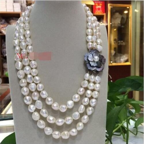 New Big 3row 10-11mm Baroque White Freshwater Pearl Necklace>>>Free Shipping