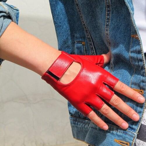 Womens Half Finger Real Leather Gloves Pure Sheepskin Brown White Red Fingerless Womens Gloves TB10