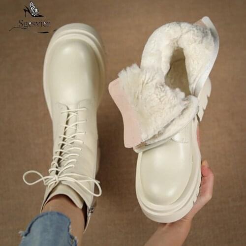 Sgesvier 2021 Big Size 34-42 Winter Ankle Boots Fashion Lace Up Keep Warm Women Boots Genuine Leather Boots Black Rice White