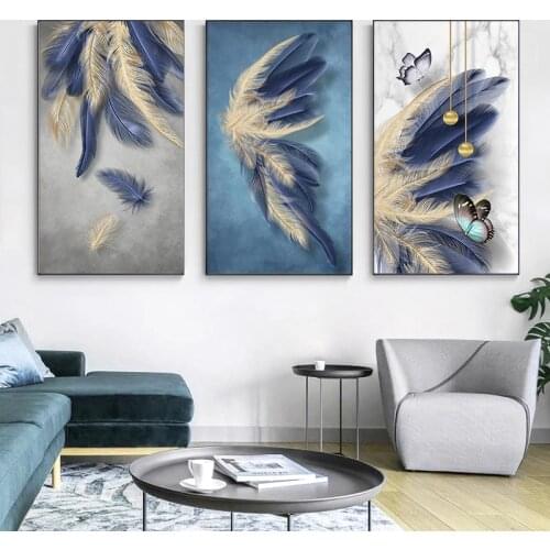Modern Blue Abstract Feather Canvas Painting Nordic Poster and Prints Wall Art Picture for Living Room Luxury Decoration Cuadros