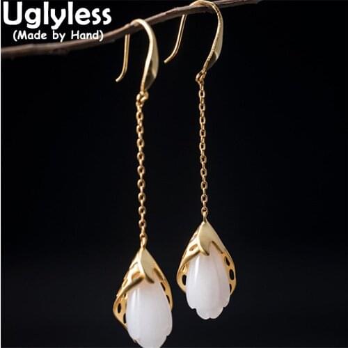 Uglyless Hotan Jade Elegant Magnolia Flowers Earrings for Women Hollow 925 Silver Floral Jewelry Nature Gemstones Brincos Bijoux