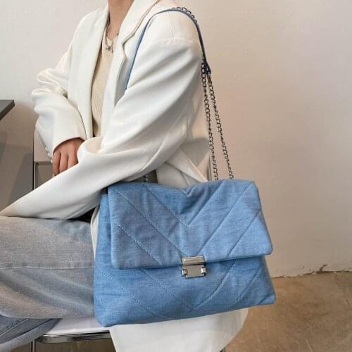 V-Line Big Denim Canvas Crossbody Bags for Women 2021 Trend Chain High Capacity Shoulder Handbag Branded Trending