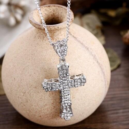 Vintage Religious Mens Crystal Cross Pendant Tennis Chain Alloy Hip Hop Necklace Jewelry Statement Necklace