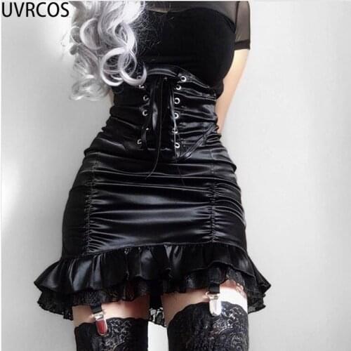 UVRCOS Alt Clothes Aesthetic Gothic Lace Patchwork High-Waisted Skirt Folds Bandage Womens New Summer Clothing Short Black Skirt