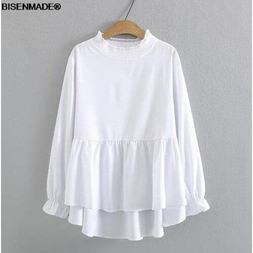 Women Clothing Blouses & Shirts Plus Size 2021 Autumn New Loose Casual Chiffon Lace Collar Asymmetrical Length Female Tops 821