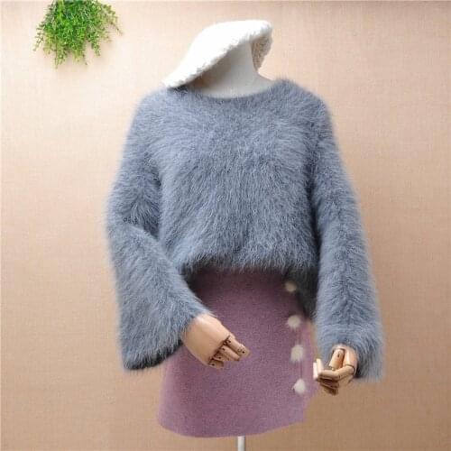 Ladies women fashion hairy mink cashmere o-neck long flare sleeves loose lazy oaf pullover angora winter warm jumper sweater top