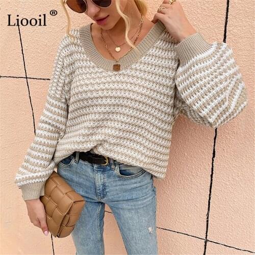 Liooil Casual Knitted Striped Sweater For Women V Neck Lantern Long Sleeve Autumn Pullovers Loose Ladies Jumpers Winter 2021