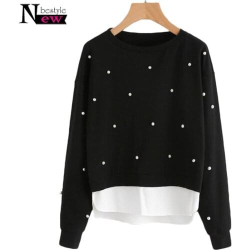 Newbestyle Sweatshirt Woman Pearl Beading 2 In 1 Sweatshirt Spring Autumn Women Sweatshirt Black Long Sleeve Elegant Pullovers