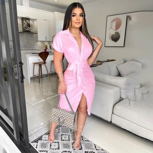 2021 New Arrival Fashion Design Shirts Dress Solid Ruched Turn-down Collar Short Short Sleeve Summer Sexy Midi Dress Vestidos