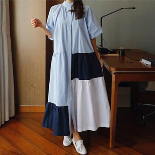 Johnature Korean Casual Loose Women Shirt Dresses 2021 Summer New Stand Collar Half Sleeve Patchwork A-line Women Dress Blue