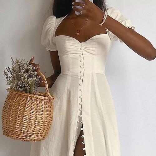 Summer Women Midi White Dress Elegant Vintage Sexy High Split Puff Sleeve Buttons Dresses Y2K Women Clothes Casual Party Club