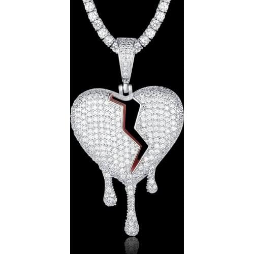 100% Micro Zircon Hip Hop Bleed Broken Heart Pendant Necklace For Men Jewelry Wholesale Iced Out Necklaces Custom Accept