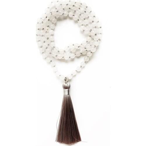 6mm Natural White Stone Bead Buddhist Prayer 108 Mala Beads Tibetan Buddhism Bracelet Necklace Light Gray Tassel Handmade