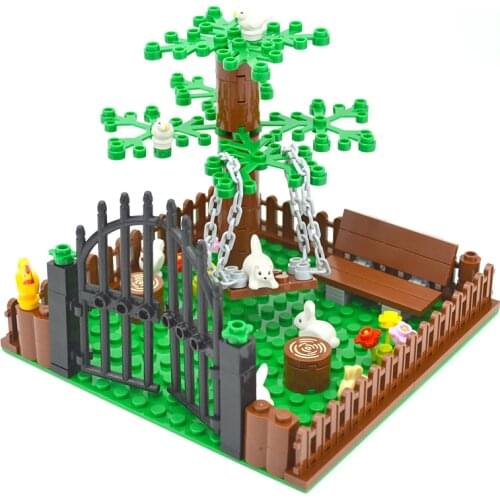 City MOC Accessories DIY Bricks Garden farm animal Chicken Rabbit Cat Swing Plant Flower Creator Building Blocks Toys for Kids