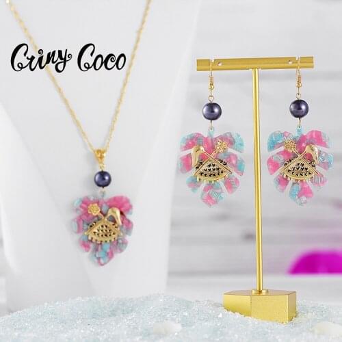 Coco Cring Polynesian Jewelry Sets Fashion Trendy Hawaiian Pink Acrylic Leaf Drop Necklaces Wholesale Earrings Set for Women