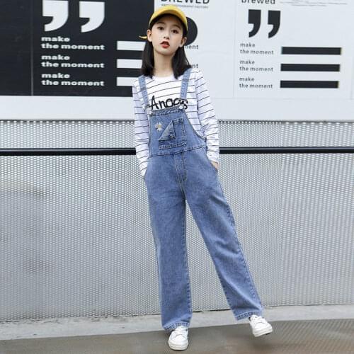 Kids Big Children Clothes Jeans Jumpsuit Overalls Playsuit For Teenagers Girls School Denim Pants 5 6 8 9 10 13 14 Years Old New
