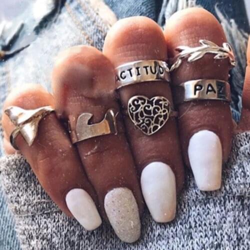 Docona 7pcs/sets Vitnage Antique Silver Color Heart Wrdding Rings for Women Men Letter Pace Leaf Wave Fish Rings Jewelry 9666