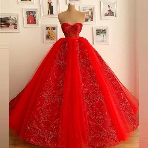 Elegant Red Beading Wedding Dresses Custom Made Sweetheart Crystal Tulle Ball Gown High Quality Sleeveless Bridal Dress
