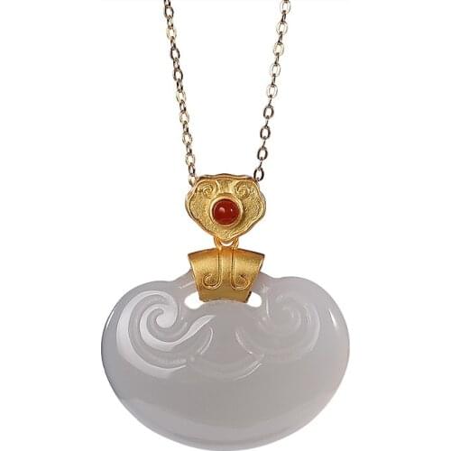 S925 sterling silver gold-plated Hetian smoke mauve jade pendant vintage Ruyi ladies clavicle chain necklace pendant