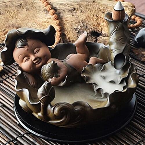 Cute Boy Incense Burner Smoke Backflow Lotus Leaf Shape Incense Cones Base Plug Chinese Style Home Decor Censer Waterfall Burner