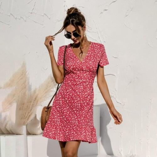 Summer Floral Dot Print Sexy Boho Style Womens Dress Casual Short Sleeve 2021Small Floral Cake Stitching Lotus Leaf Mini Dress