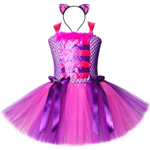 Alice In Wonderland Cheshire Cat Girls Tutu Dress Hot Pink Purple Cartoon Tulle Girl Party Dress Kids Halloween Cosplay Costume