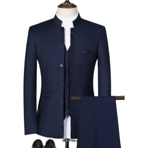 2021 Fashion Mens Casual Boutique White Stand Up Collar Chinese Style 3 Pcs Suit Set Slim Fit Blazers Jacket Coat Pants Vest