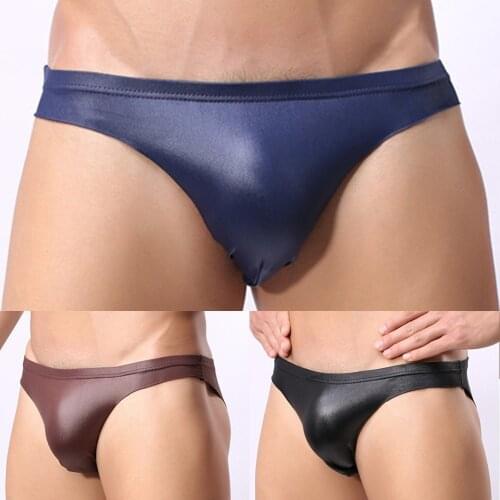 Mens Sexy Underwear Faux Leather Lingerie G-string Thongs Briefs Sexy Low Rise Bikini Black Boxer Briefs Hot Sale 2021
