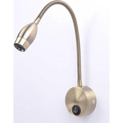 3W European-style Bronze goose neck wall lamp LED mirror lights modern bedside bedroom switch lamps gooseneck reading sconces