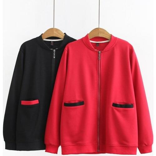 New Autumn Womens Sweatshirt Jacket Oversize Korean Contrast Color Pocket Middle-age Female Outerwear Female Short Jacket Tops