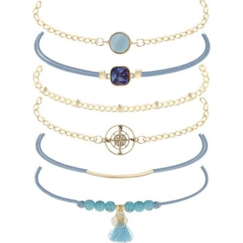 New Vintage Blue Ocean Style Bracelet Set Women Personality 6pcs/set Natural Stone Compass Charm Bracelets Female Beach Jewelry
