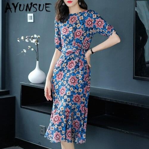 Real Silk Dress Women Summer Dress Korean Vintage Print Beach Dress Elegant Party Dresses Woman Vestidos Mujer 19344 YY2726