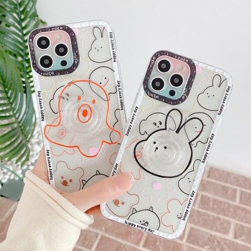 INS Korea Cute 3D Animal line Bracket Transparent Soft phone Case For iphone 11 12 Pro Max 7 8 Puls XR XS Protection Back Cover