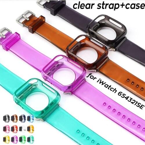 Clear TPU Watch Band with Case for Apple Watch Strap Cover for IWatch 6 5 4 321 SE 38 40 42 44mm Candy Colors Watchbands